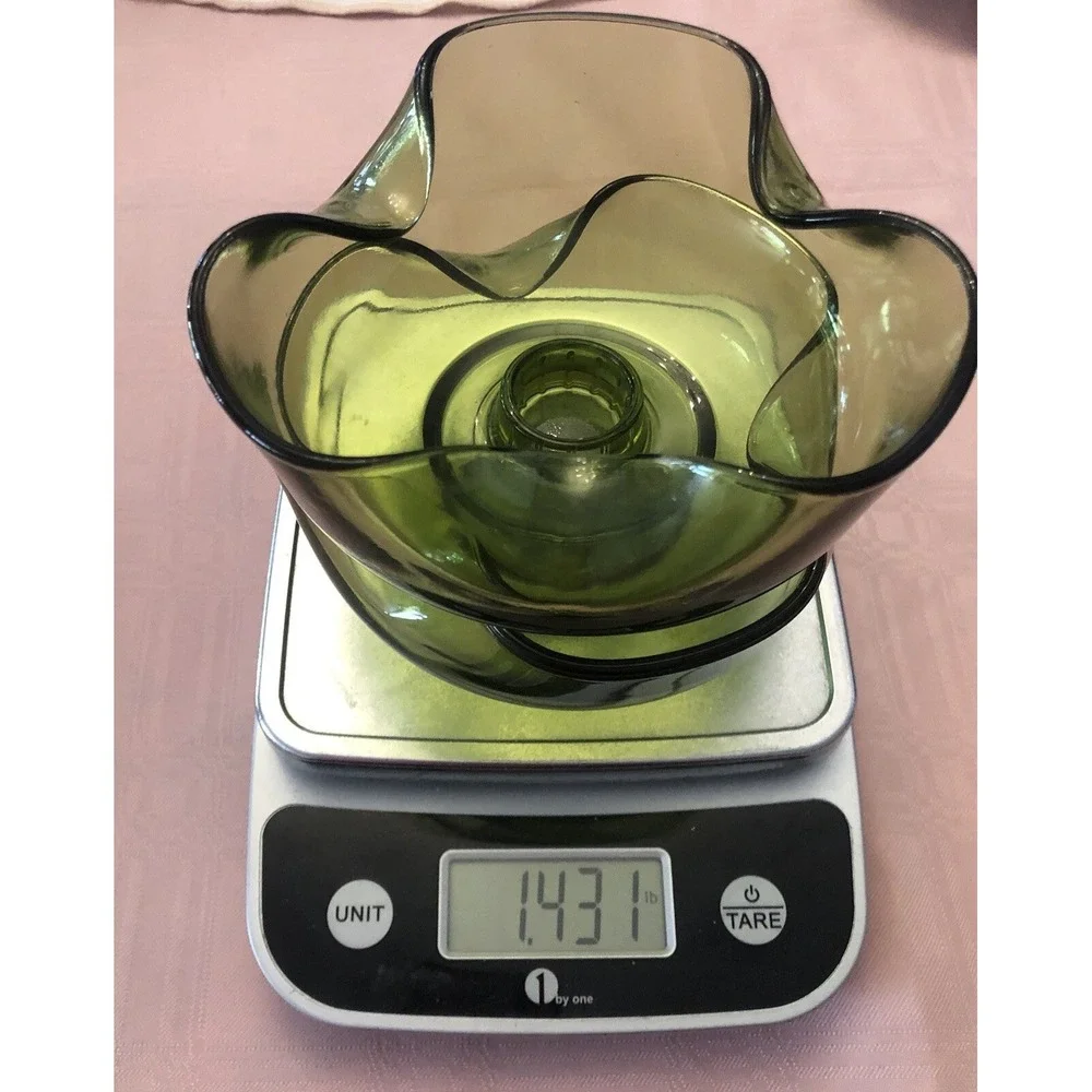 2 Vintage Avocado Green Art Ruffled Wavy‎ Glass Bowl Dish Taper Candle Holders